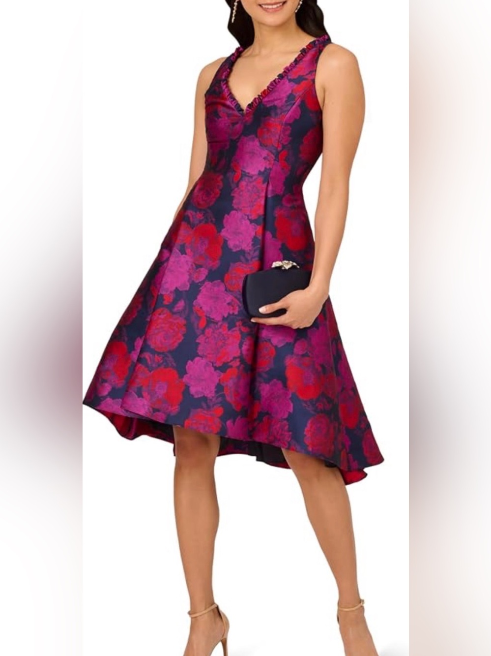 Adrianna Papell Magenta and Navy Floral Fit-and-Flare Midi Dress